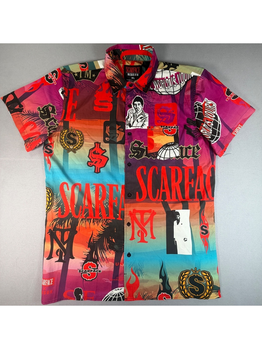 Scarface x Reason Shirt Mens XL Multicolor Tony Montana All Over Print Button Up
